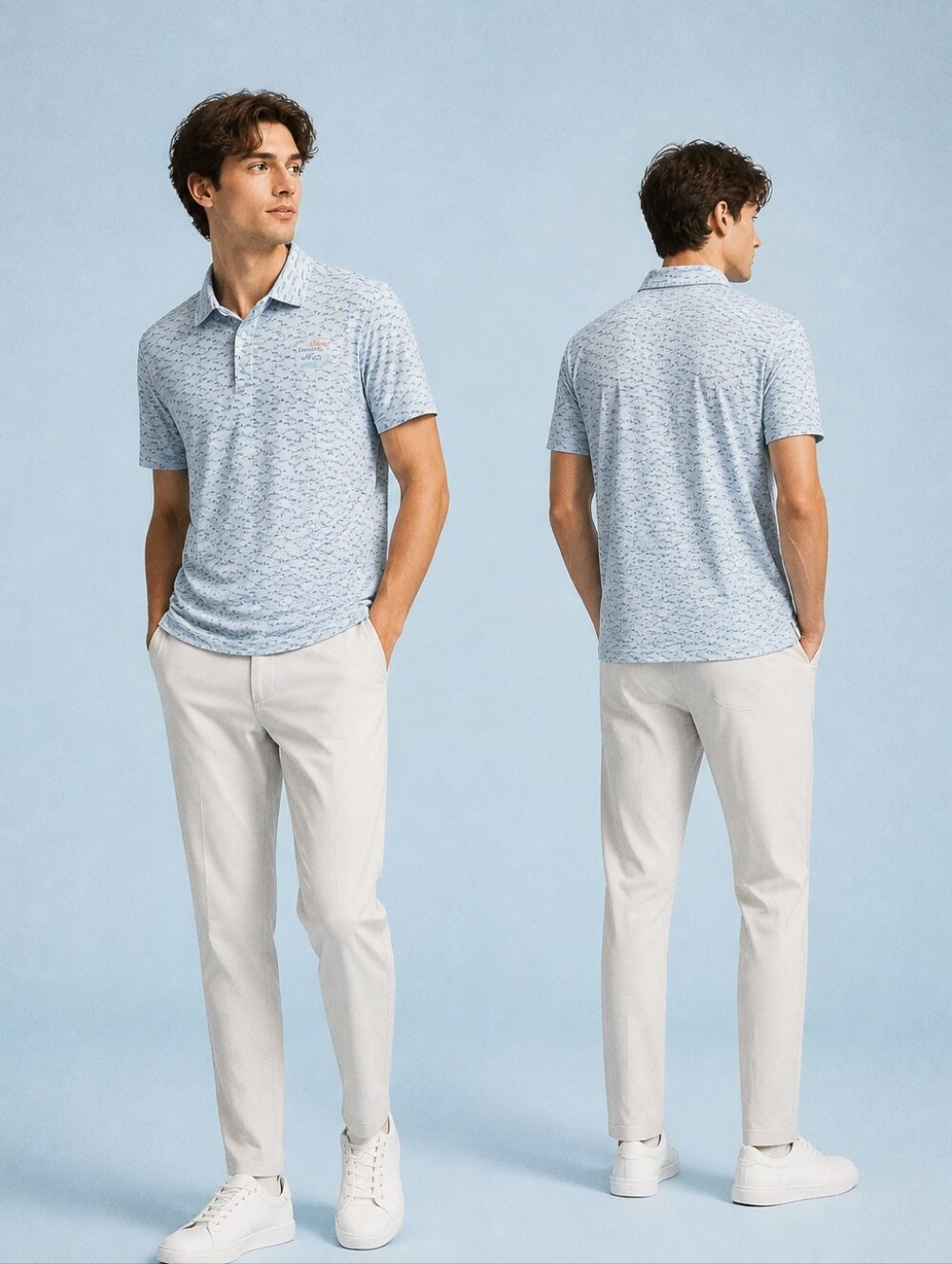 Light Blue Printed Short-Sleeve Polo with UPF Protection